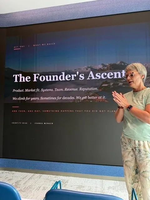 Ivanka Menken with founders on an outdoor walk, talking through a decision